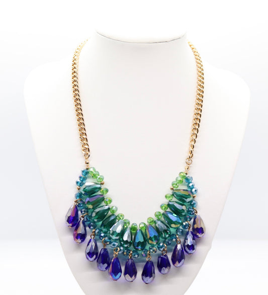 Gold Blue/Green Glass Drop Bead Necklace