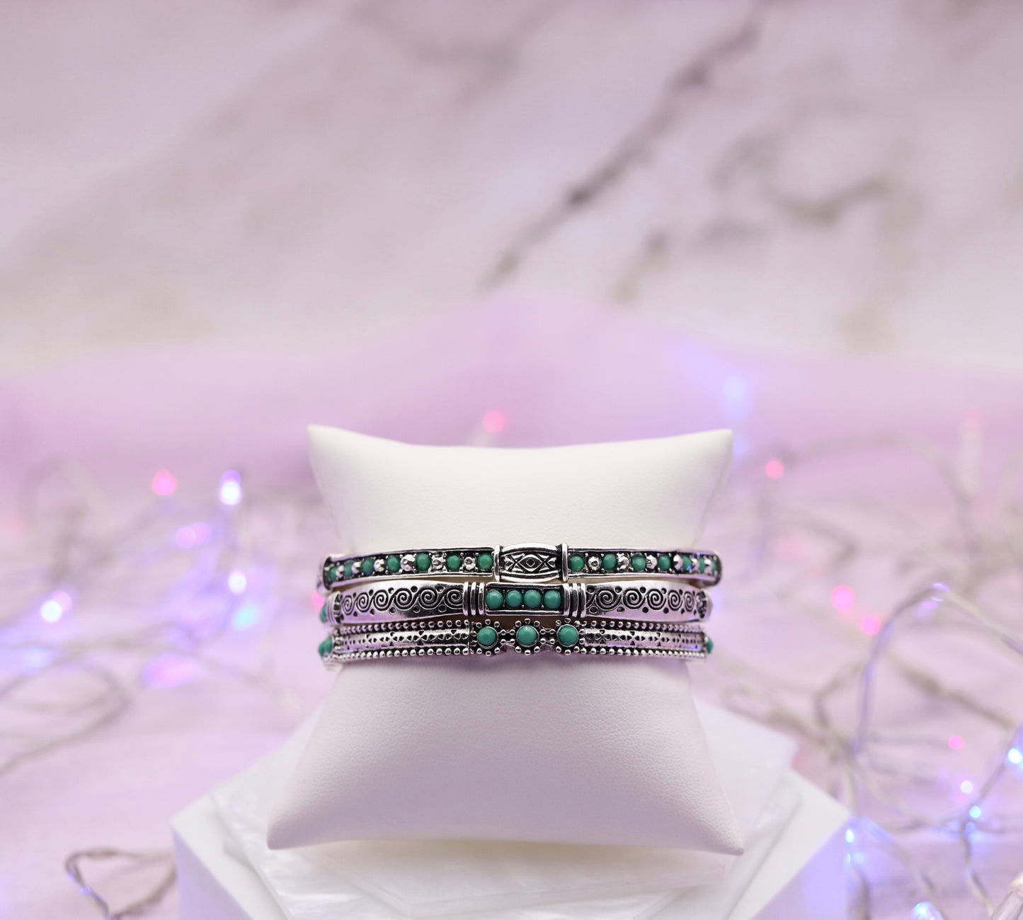 Silver Turquoise Engraved Bracelet Set of 3