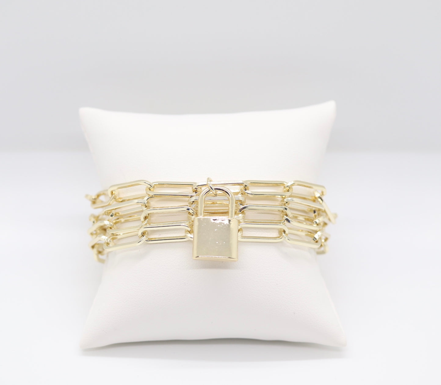 Beautiful Multi-Layer Gold Paperclip Chain Bracelet with Dangling Lock and Magnetic Clasp