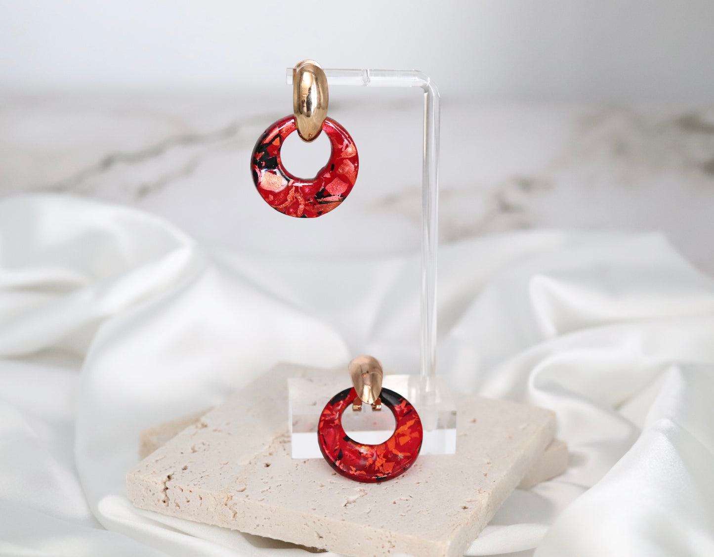 Glass Ruby Red With Black Splattered Earrings