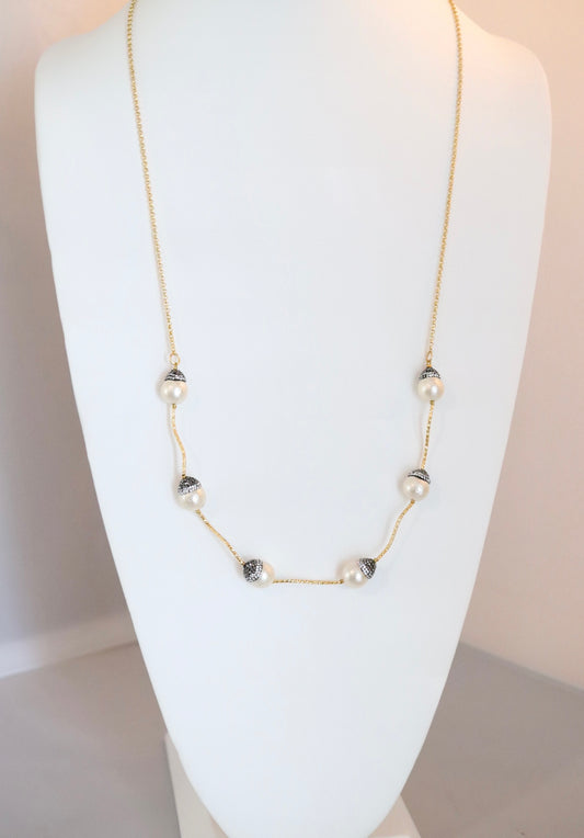 Long Gold Necklace With Pearls Stations