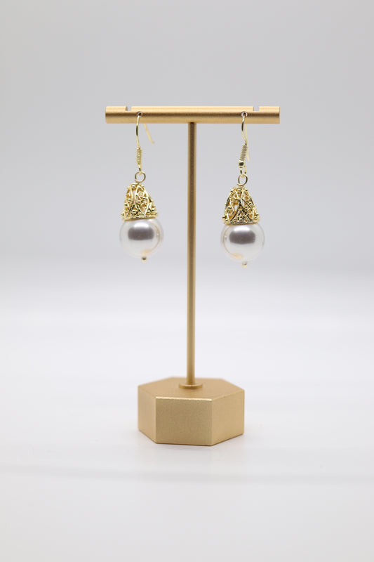 Gold Filigree Decore Pearl Drop Earrings
