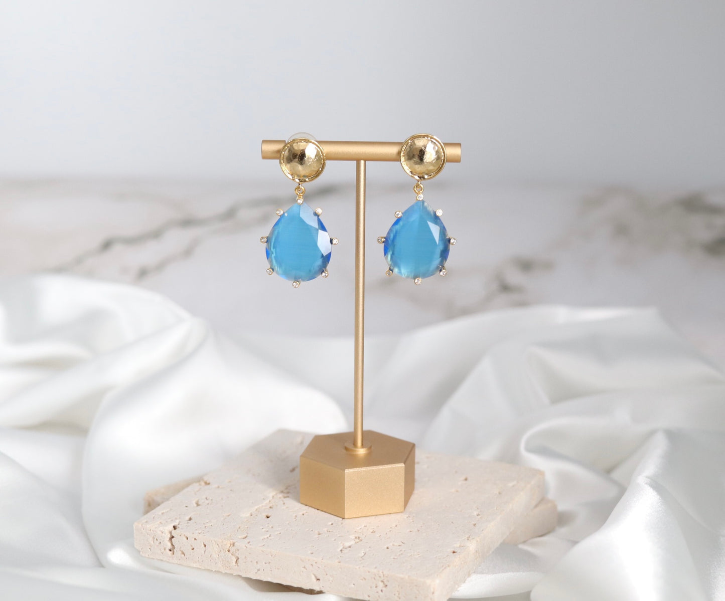 Gold and Sky Blue Teardrop Dangling Earrings