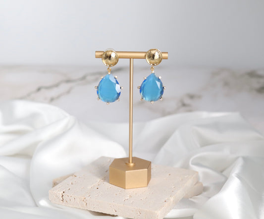 Gold and Sky Blue Teardrop Dangling Earrings