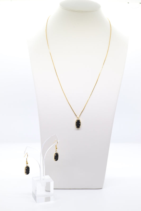 Gold Necklace and Earrings with Black Stone Pendant