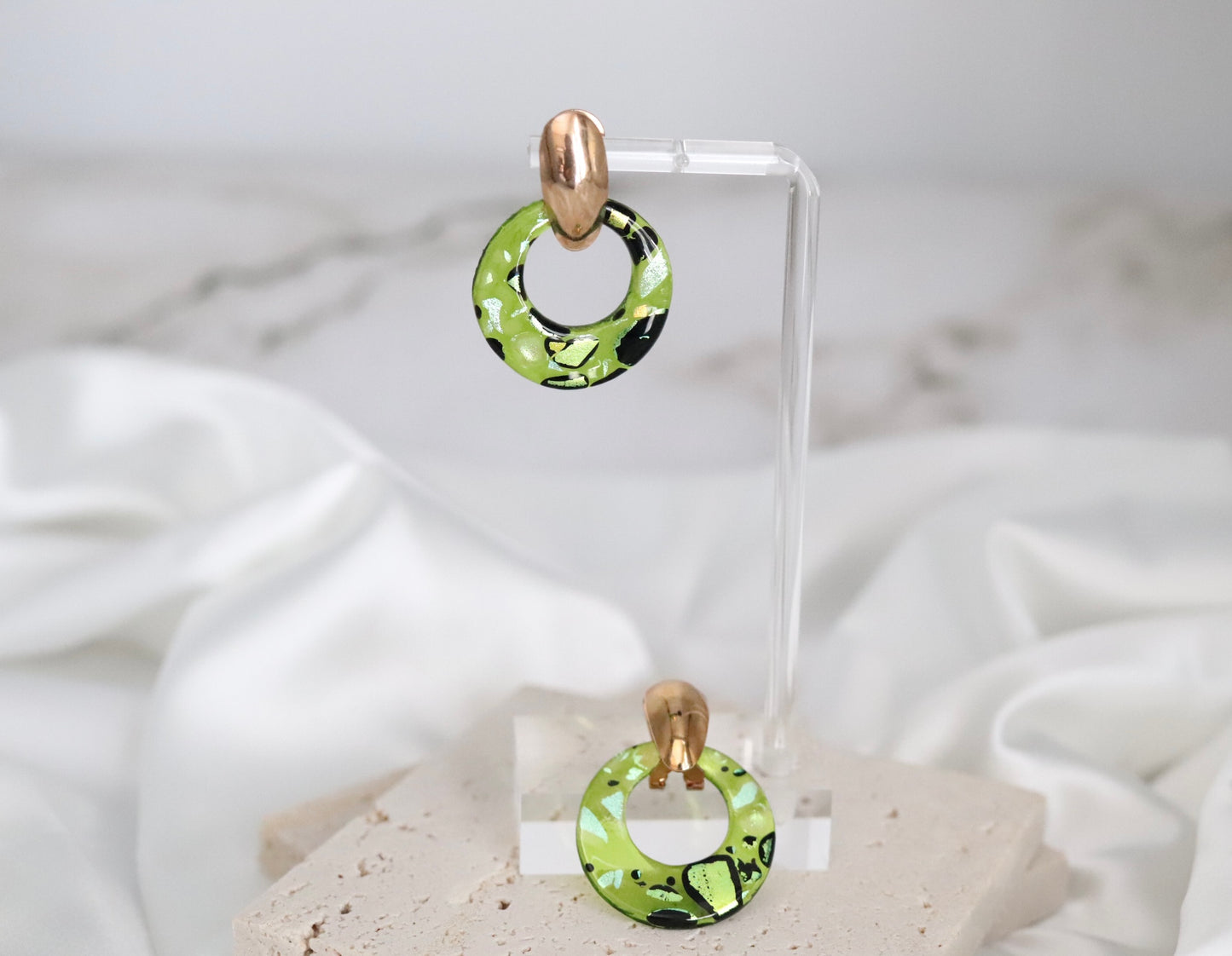 Glass Emerald Green Black and Silver Splattered Earrings