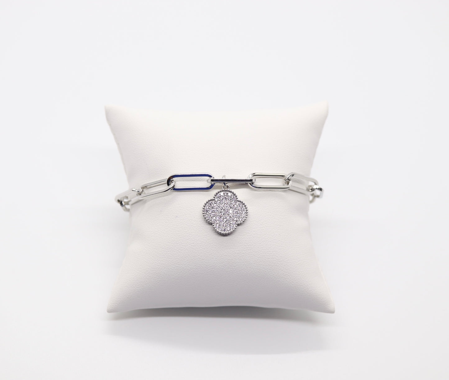 Beautiful Silver Paperclip Chain Bracelet with Dangling Pave Clover and Magnetic Clasp
