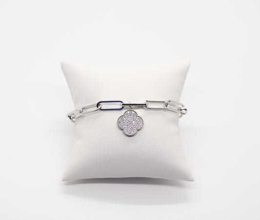 Beautiful Silver Paperclip Chain Bracelet with Dangling Pave Clover and Magnetic Clasp