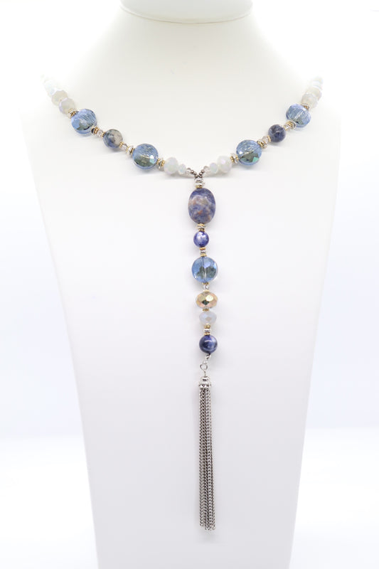 Natural Blue Smooth Stones with Gold and Silver Spacer Bead Long Y Necklace with Fringe End