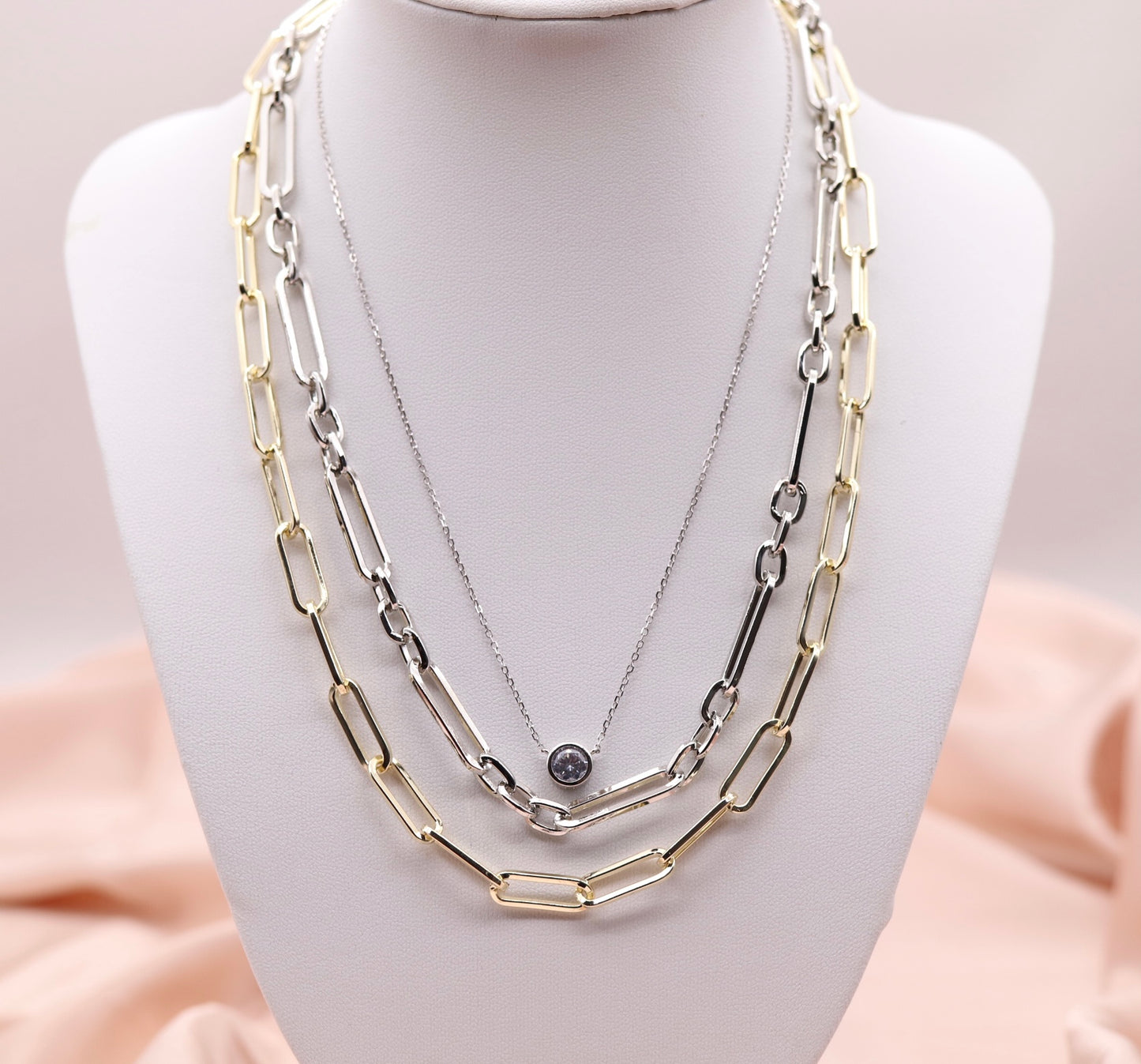 Gold and Silver Paperclip Multi-Layered Necklace With Diamond Pendant