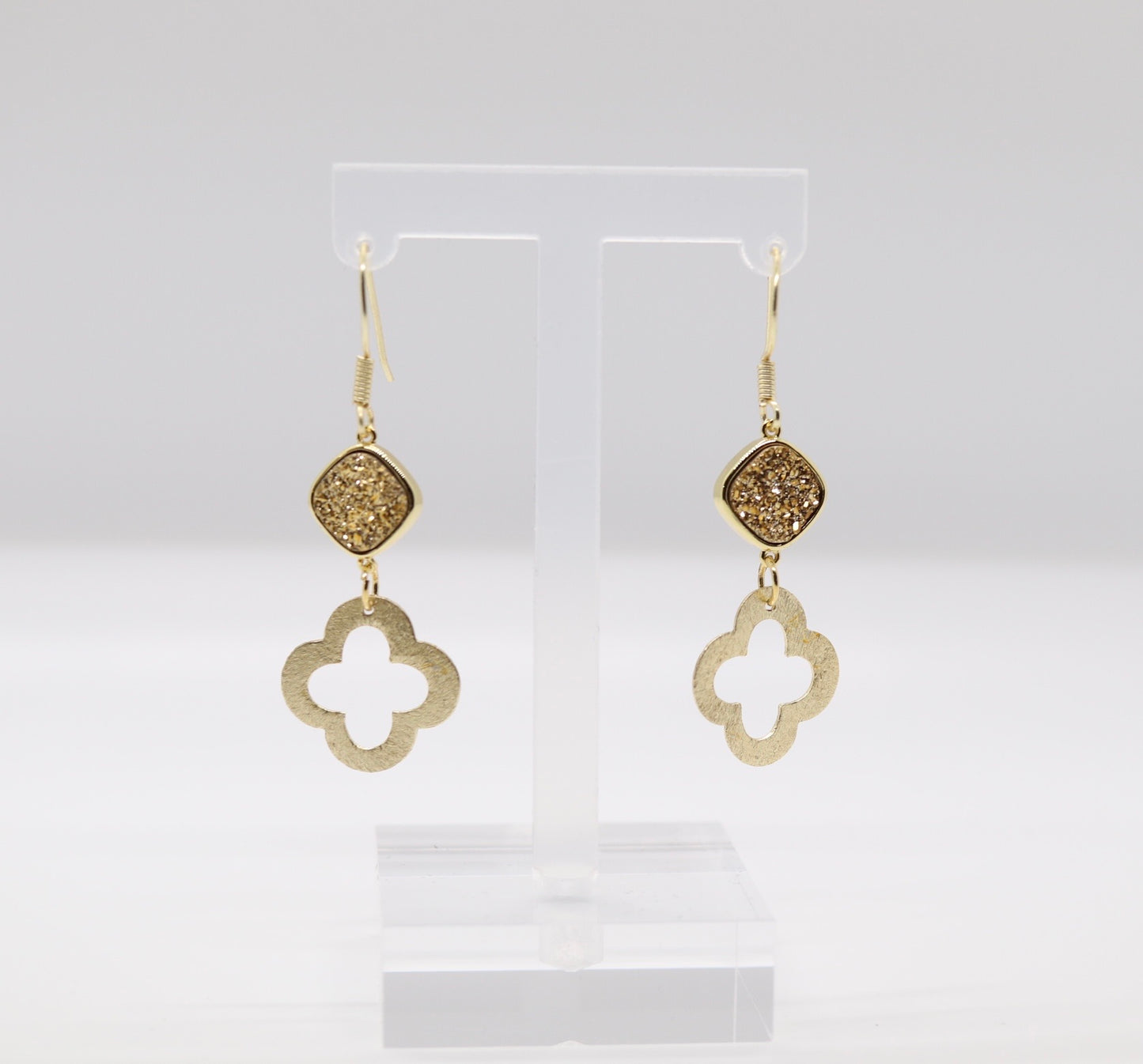 Gold Sapphire Earrings with Drop Clover Pendant