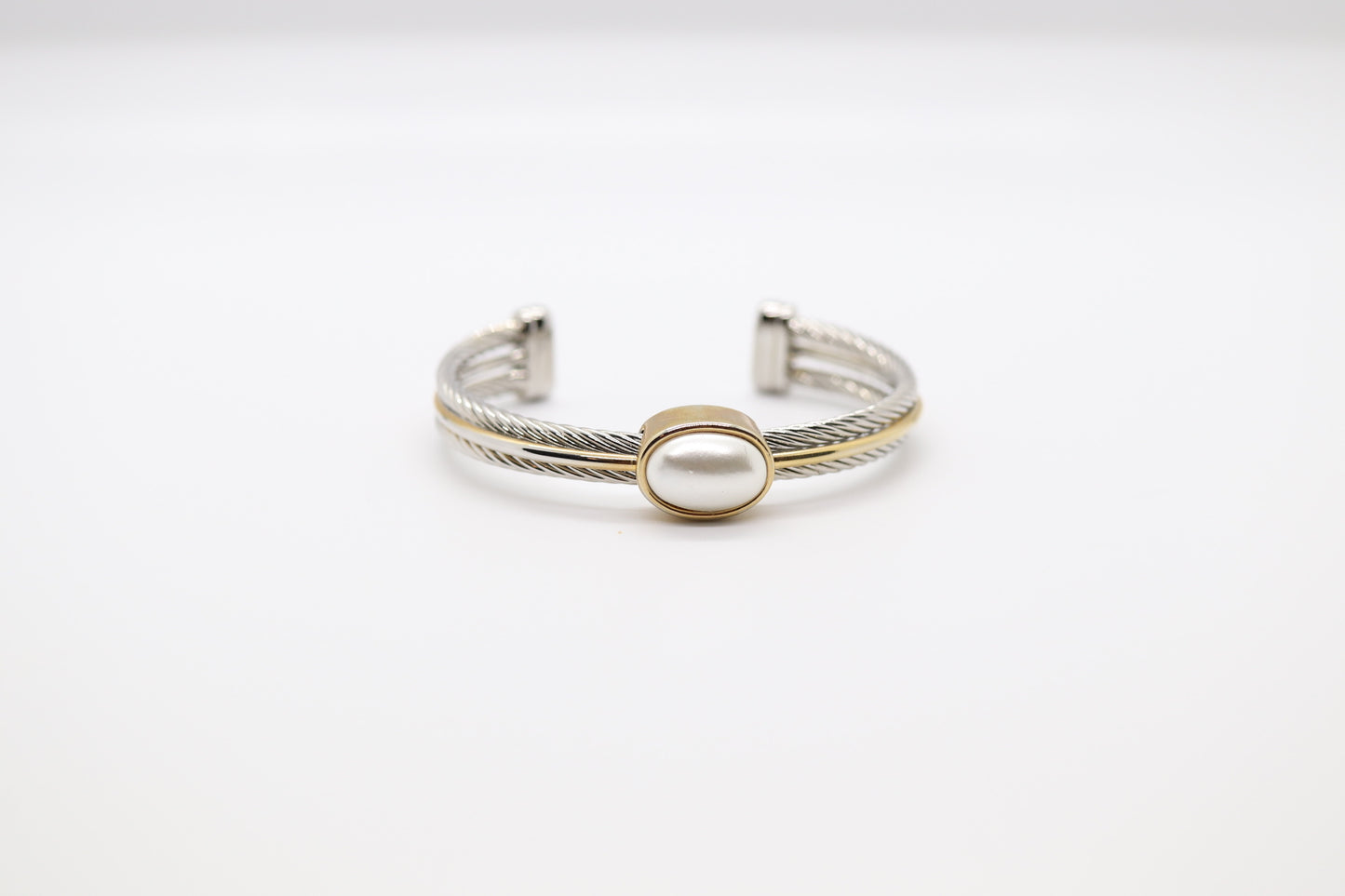 Gold And Silver Cable With Pearl Station Cuff Bracelet