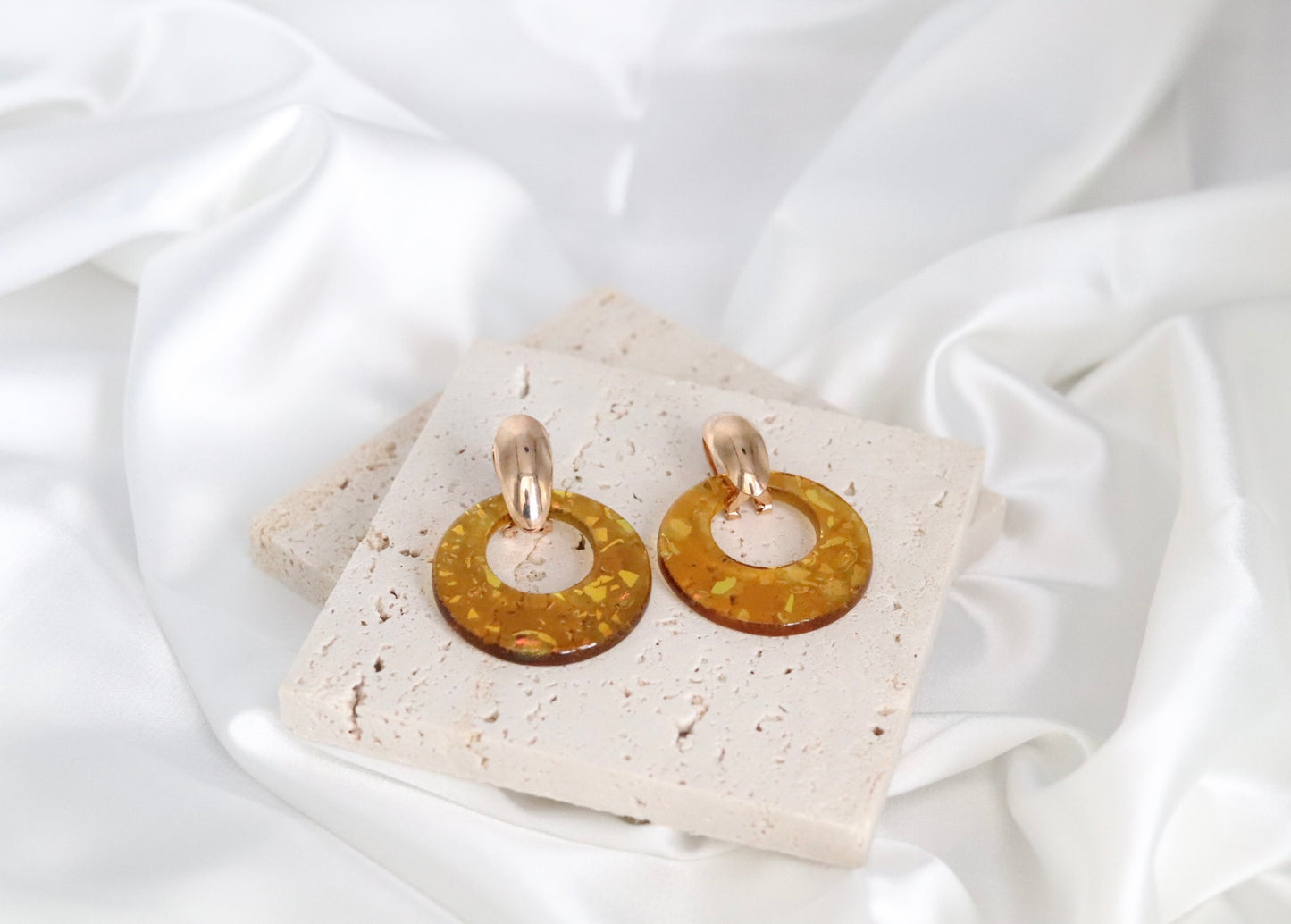 Glass Tangerine, Gold Ring Circle With Silver Splattered Earrings