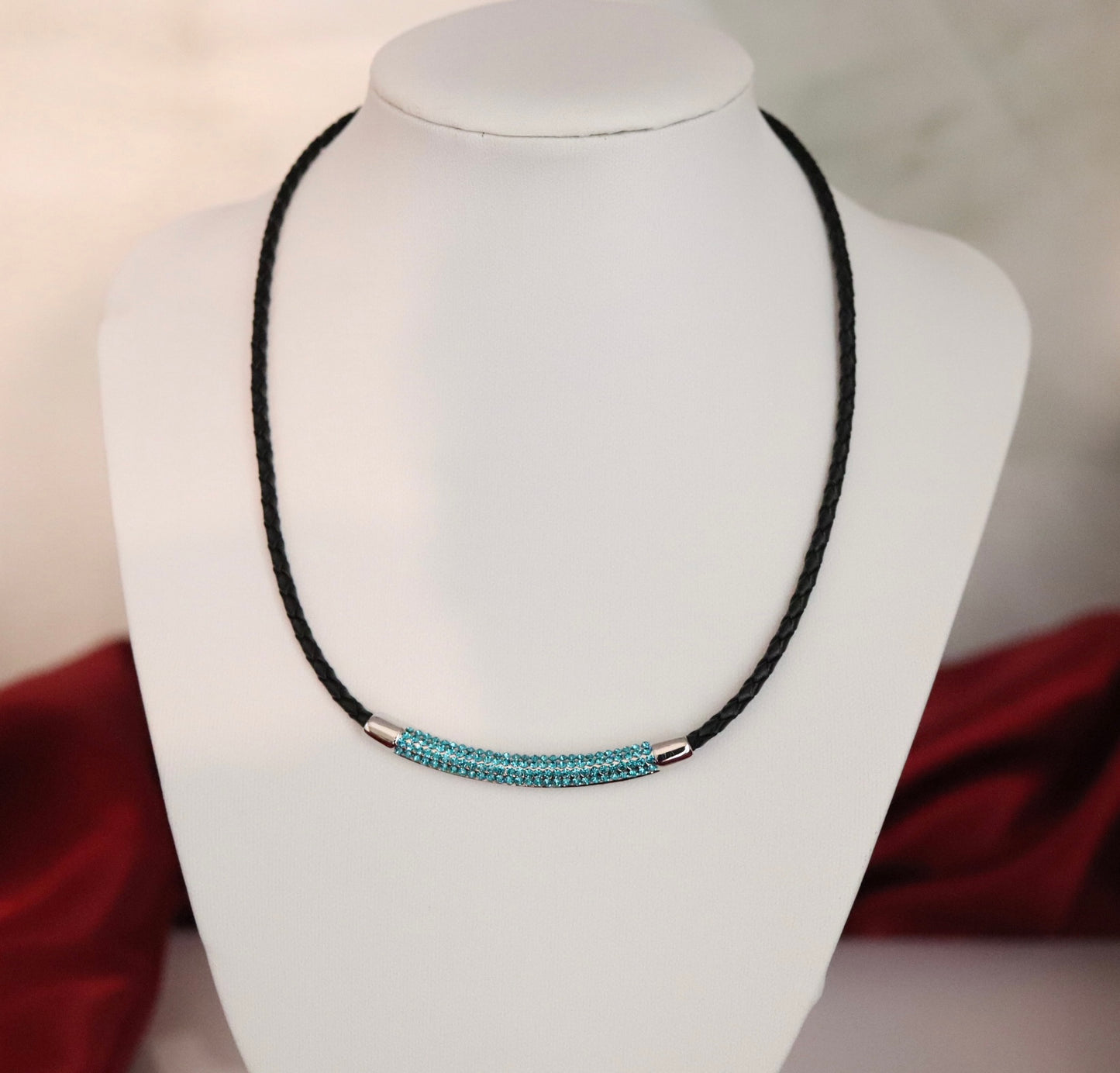 Black leather with Aqua Blue stone Necklace