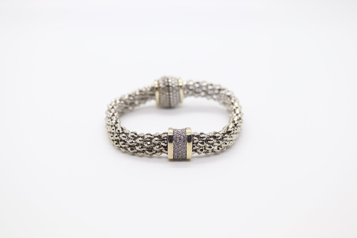 Silver Caviar Ceramic Bracelet with CZ Station