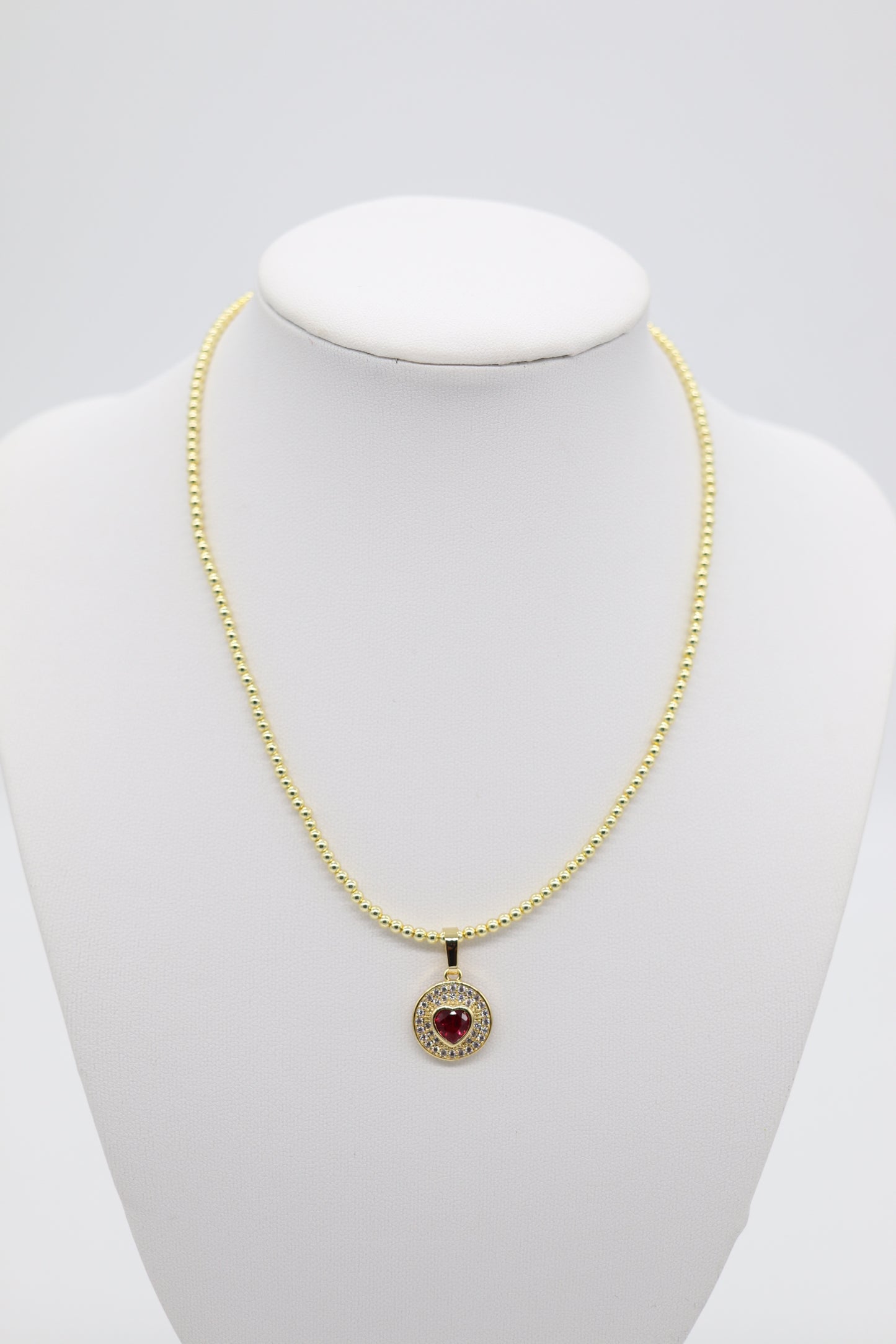 Gold Beaded Necklace With Red Heart Pendant (3mm)