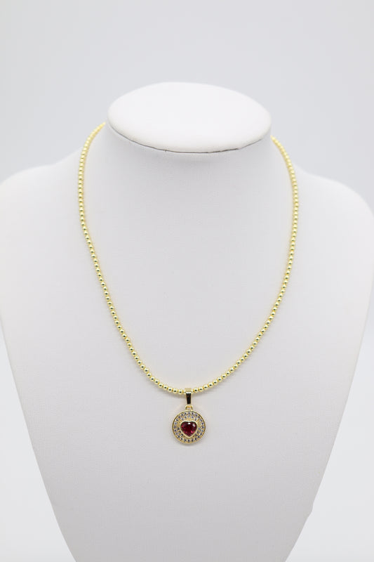 Gold Beaded Necklace With Red Heart Pendant (3mm)