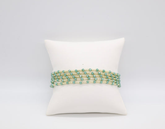 Gold Metal Bar Green Seed Bead Bracelet