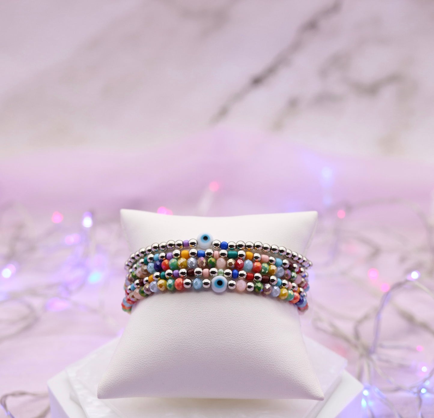 Silver Mix Evil Eye Beads 5 Piece Bracelet Set