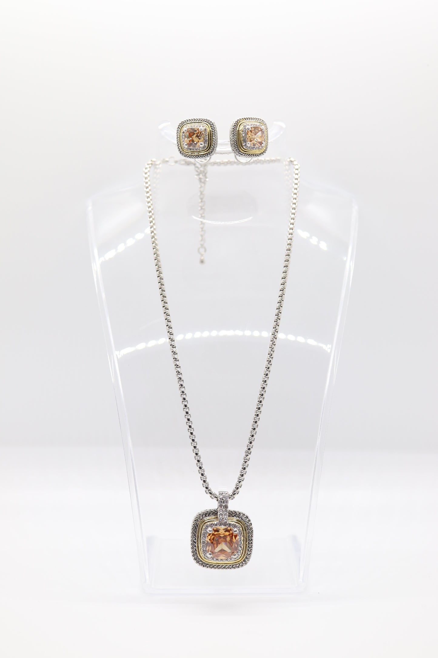 Gold Necklace and Matching Earrings with Center Amethyst Stone