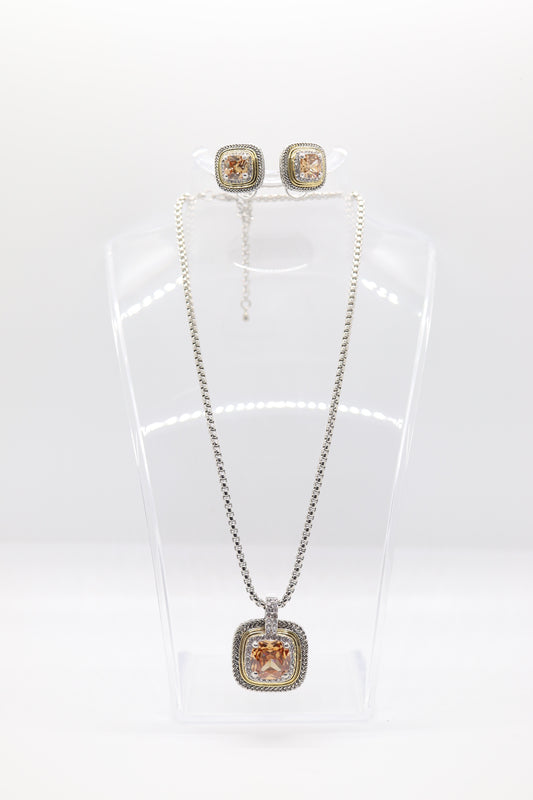 Gold Necklace and Matching Earrings with Center Amethyst Stone