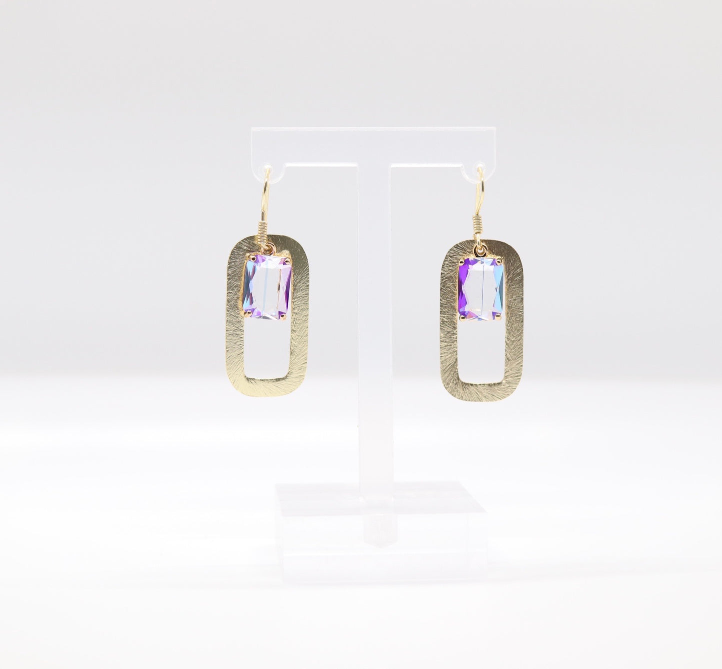 Gold Rectangle With Light Purple Crystal Dangling Earrings