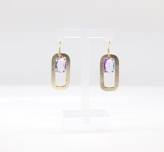 Gold Rectangle With Light Purple Crystal Dangling Earrings