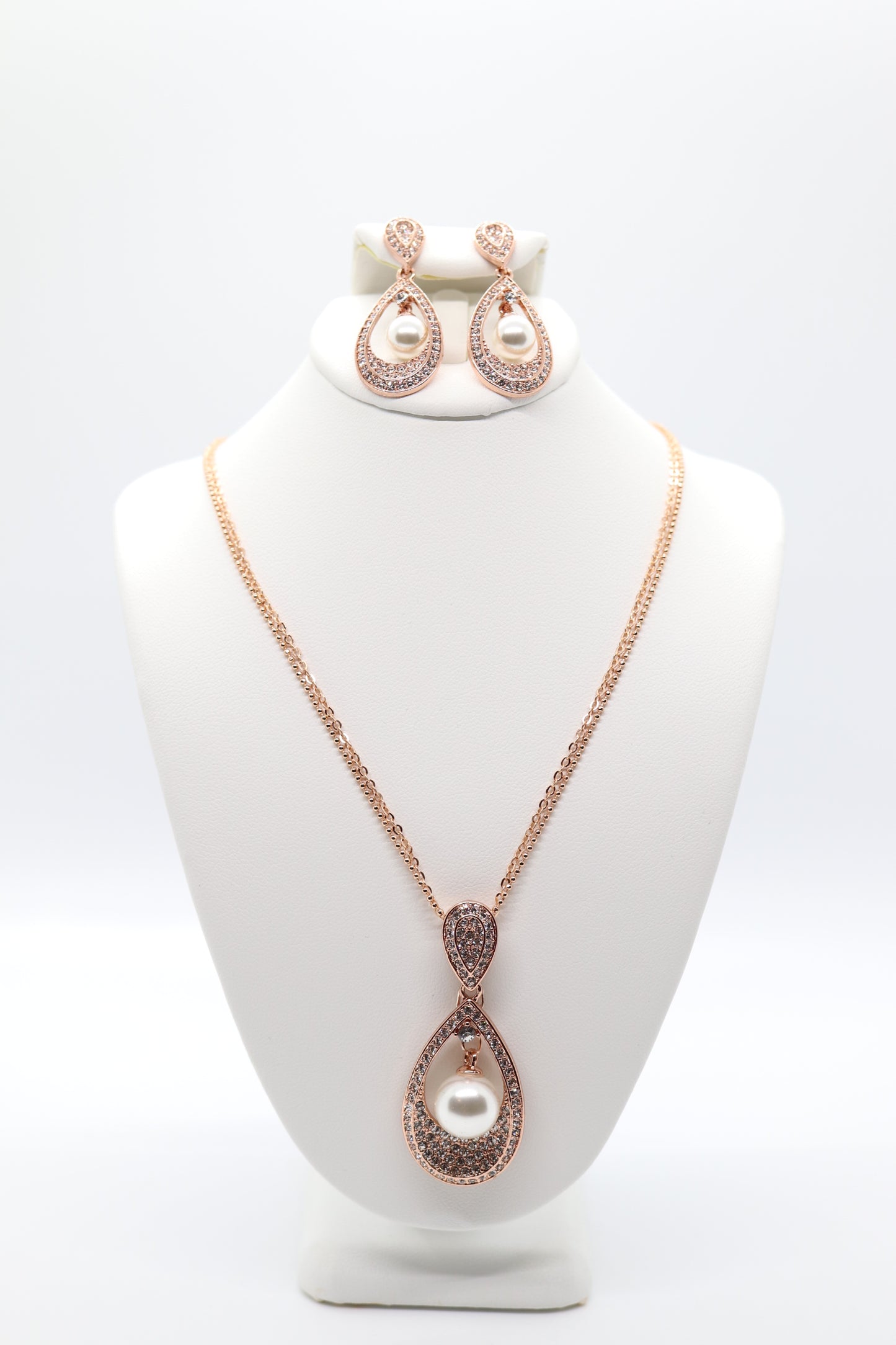 Beautiful Rose Gold and CZ Earrings and Necklace with Center Pearl