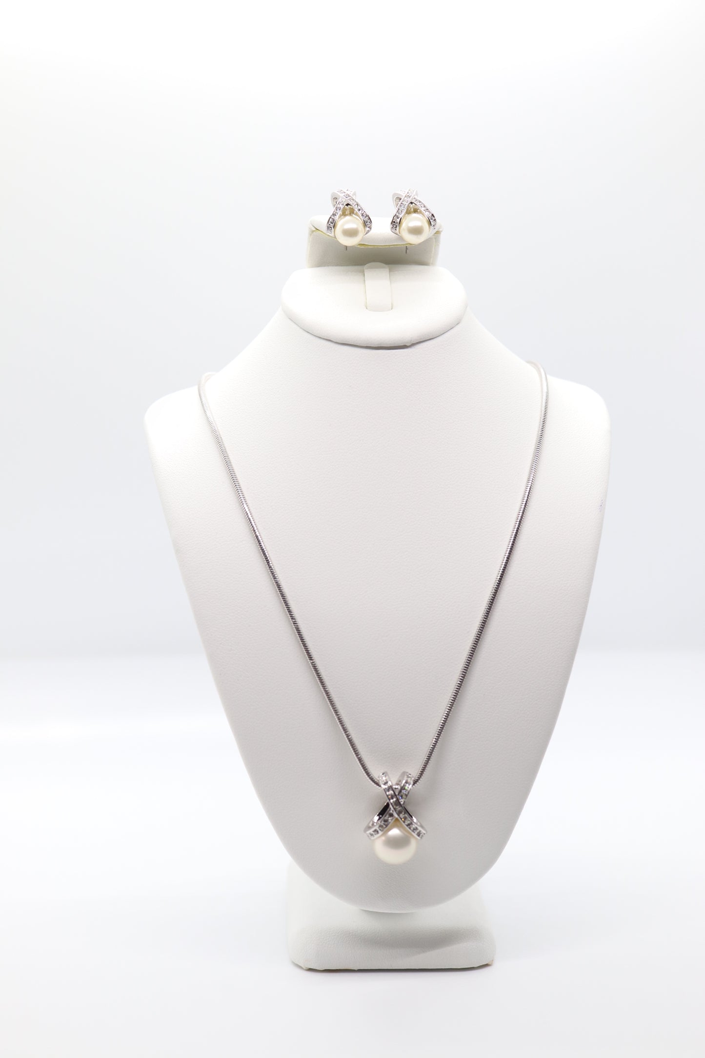 Elegant Silver and Pearl with CZ Accent Necklace and Earrings