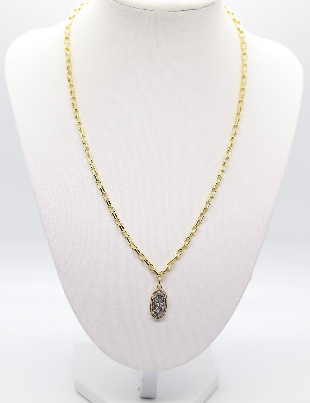 18 inch Gold Long Link Box Chain Necklace with Oval Silver Druzy Pendant