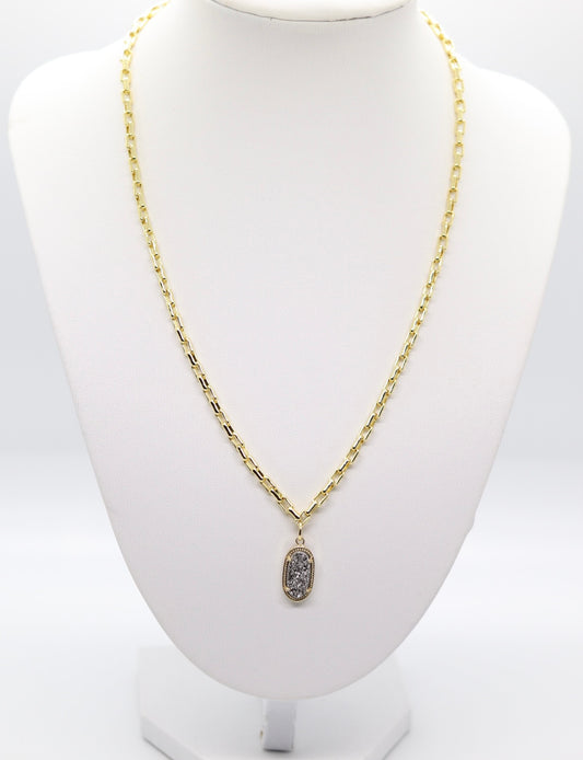 18 inch Gold Long Link Box Chain Necklace with Oval Silver Druzy Pendant