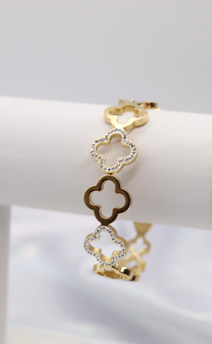 CZ and Gold Clover Cuff Bracelet