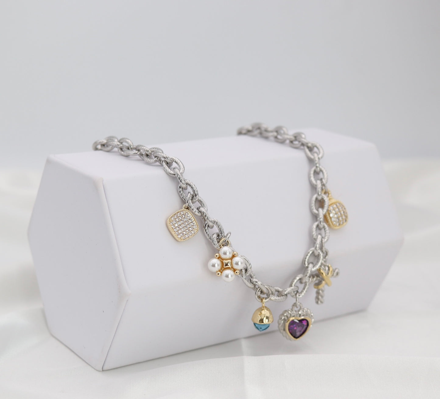 Mixed Charm Silver Chain Necklace – Heart, Pearl & Crystal Charm Statement Necklace