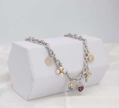 Mixed Charm Silver Chain Necklace – Heart, Pearl & Crystal Charm Statement Necklace