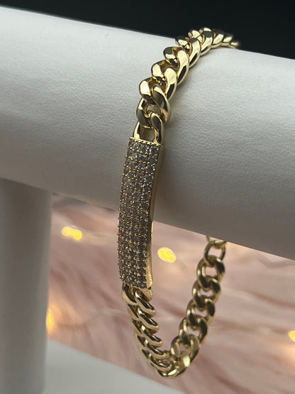 Small Gold Link With CZ Bar Bracelet