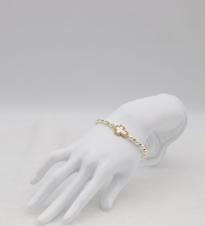 Mother of Pearl Cross & Pearl Beaded Bracelet – Faithful Elegance