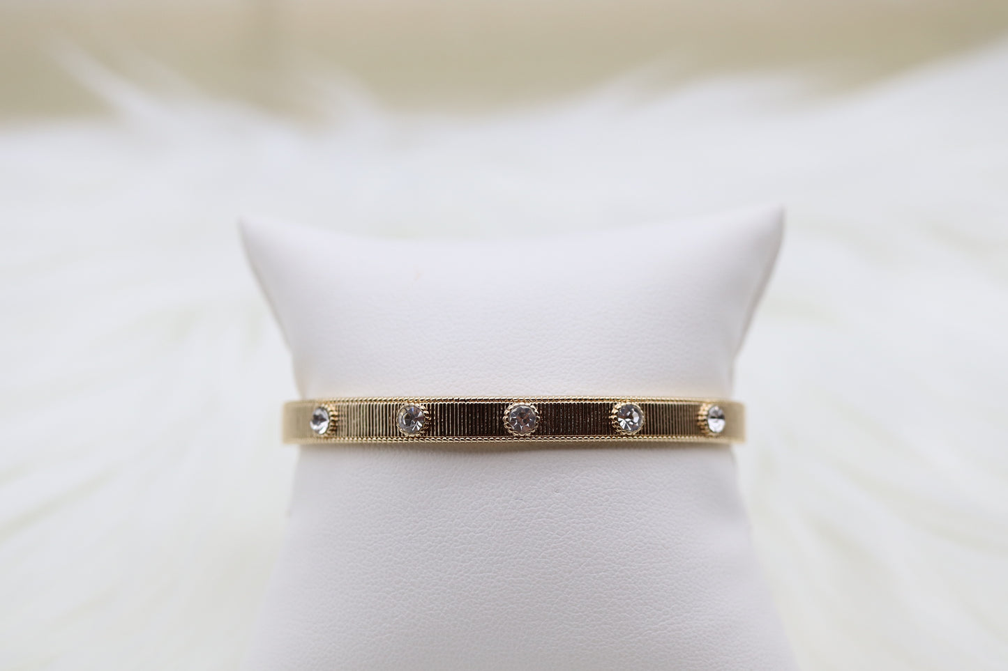 Gold Textured Hinge Bangle Bracelet With CZ Stations