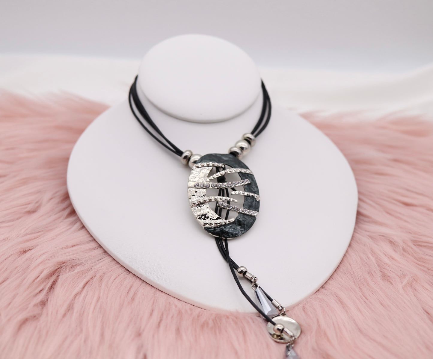 Metallic Black and Silver Pendant With Dangling Stones and Multi Black Rope Necklace