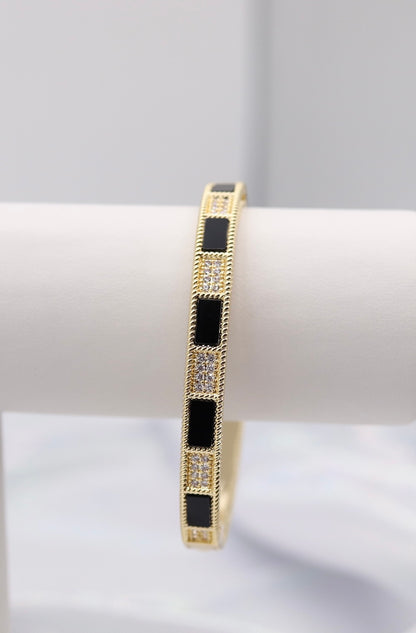 Gold Hinge Bangle Braclet With Black And CZ Paved Stations