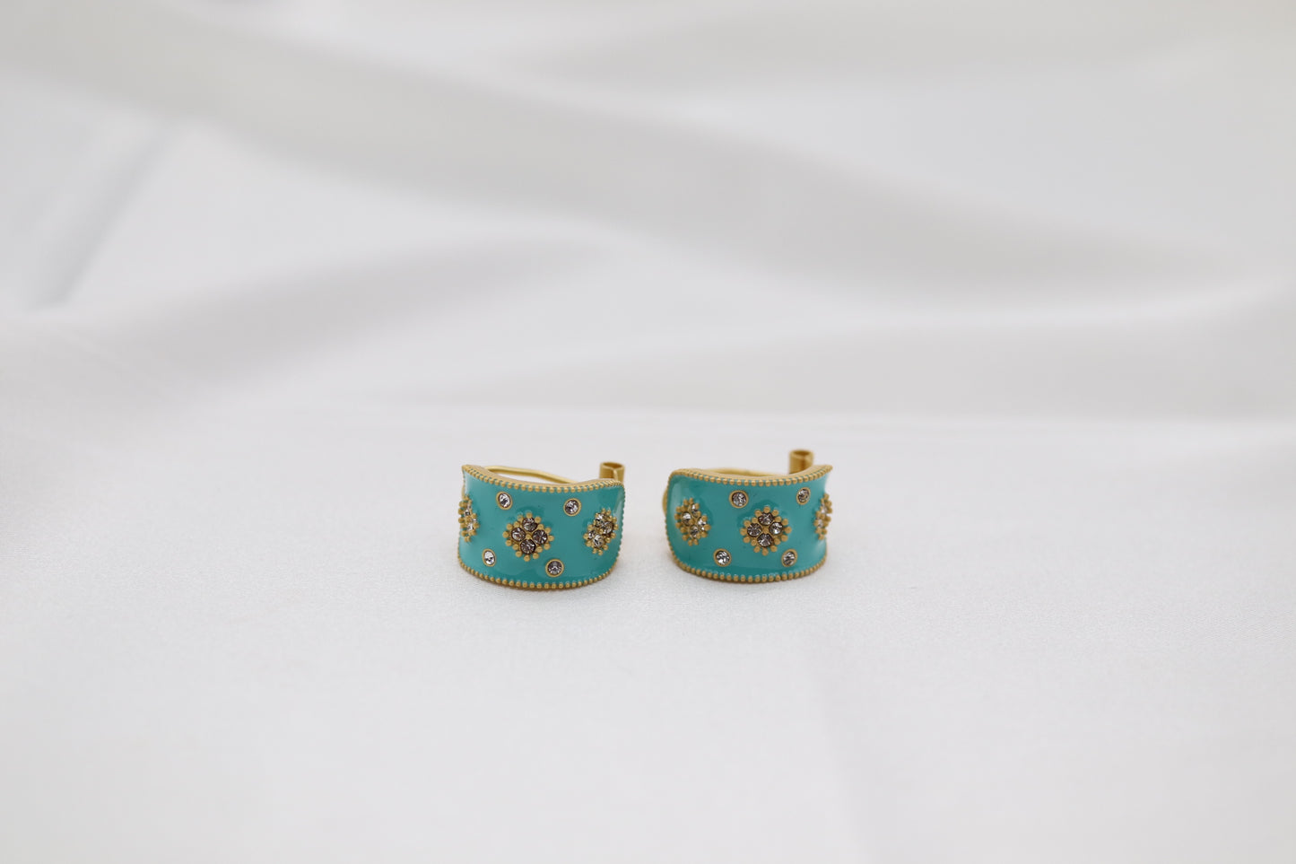 Turquoise Enamel CZ Huggie Earrings