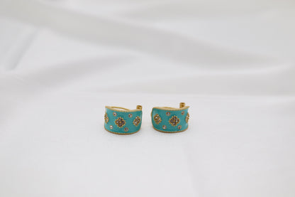 Turquoise Enamel CZ Huggie Earrings