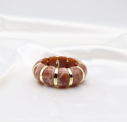Terracotta Marble Stretch Bracelet with Polished Gold Accents