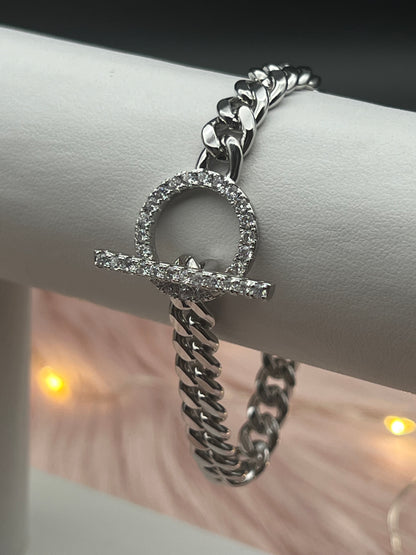 Small Silver Chain Link CZ Toggle Bracelet