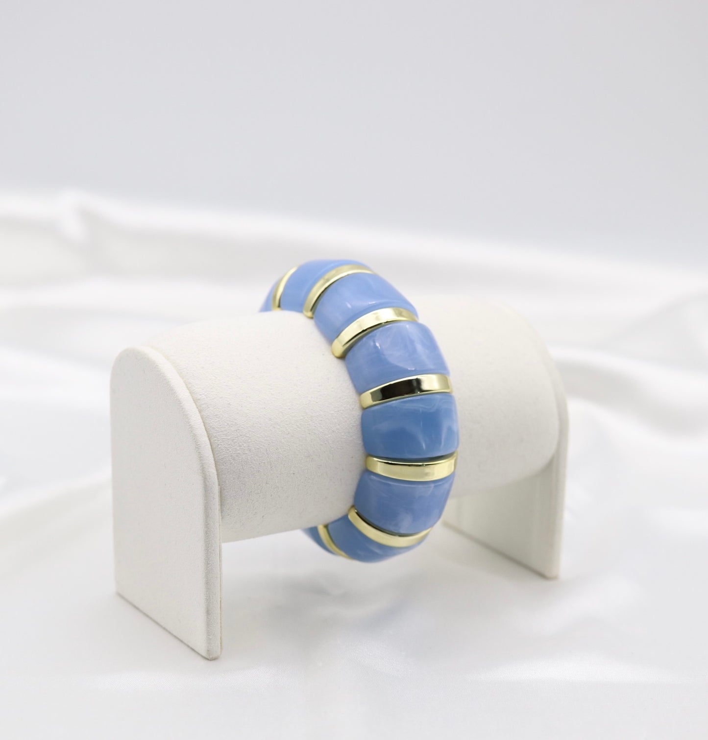 Sky Blue Marble Stretch Bracelet with Polished Gold Accents