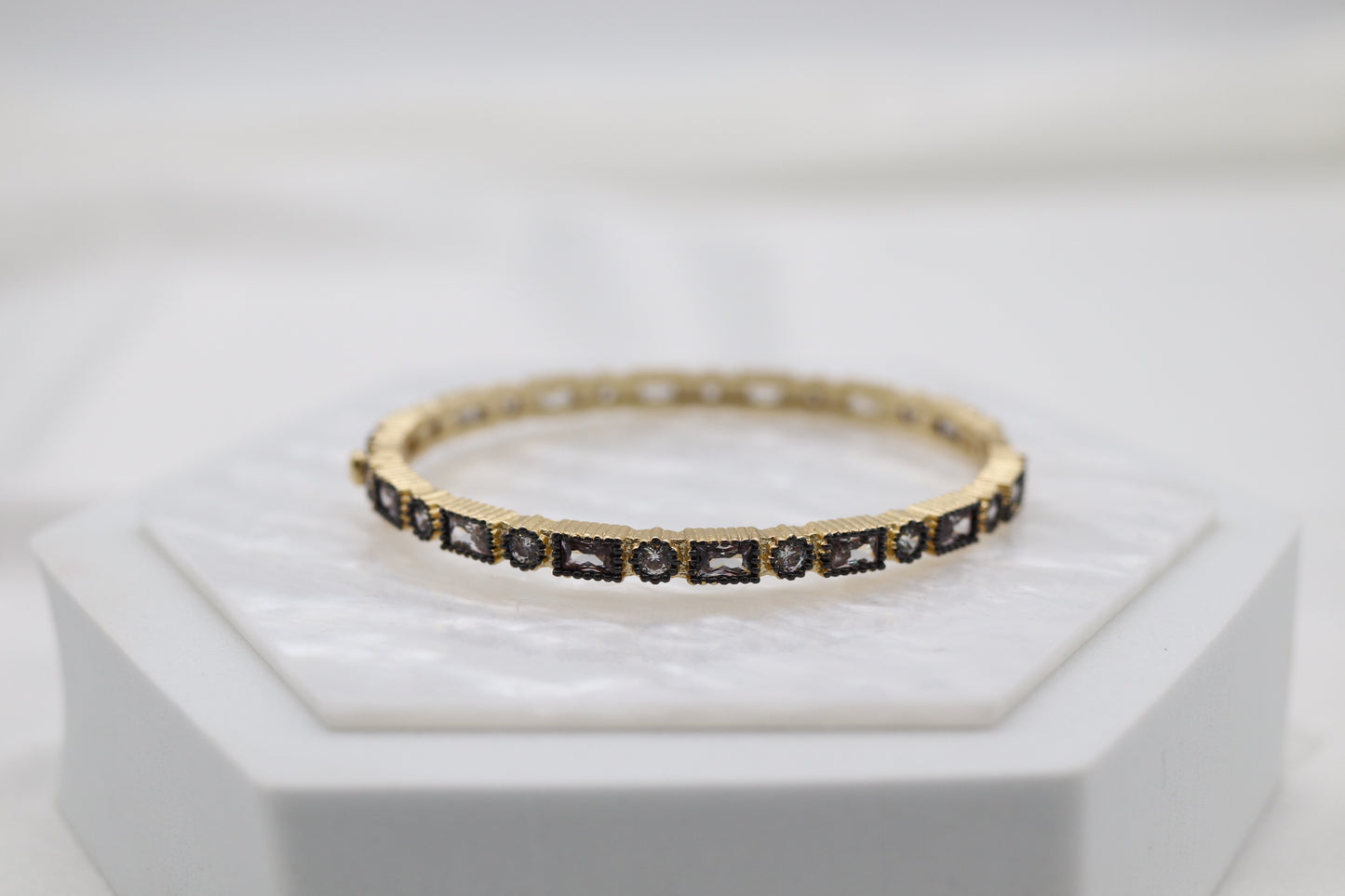 CZ Bezel Stone Black and Gold Hinge Bangle Bracelet