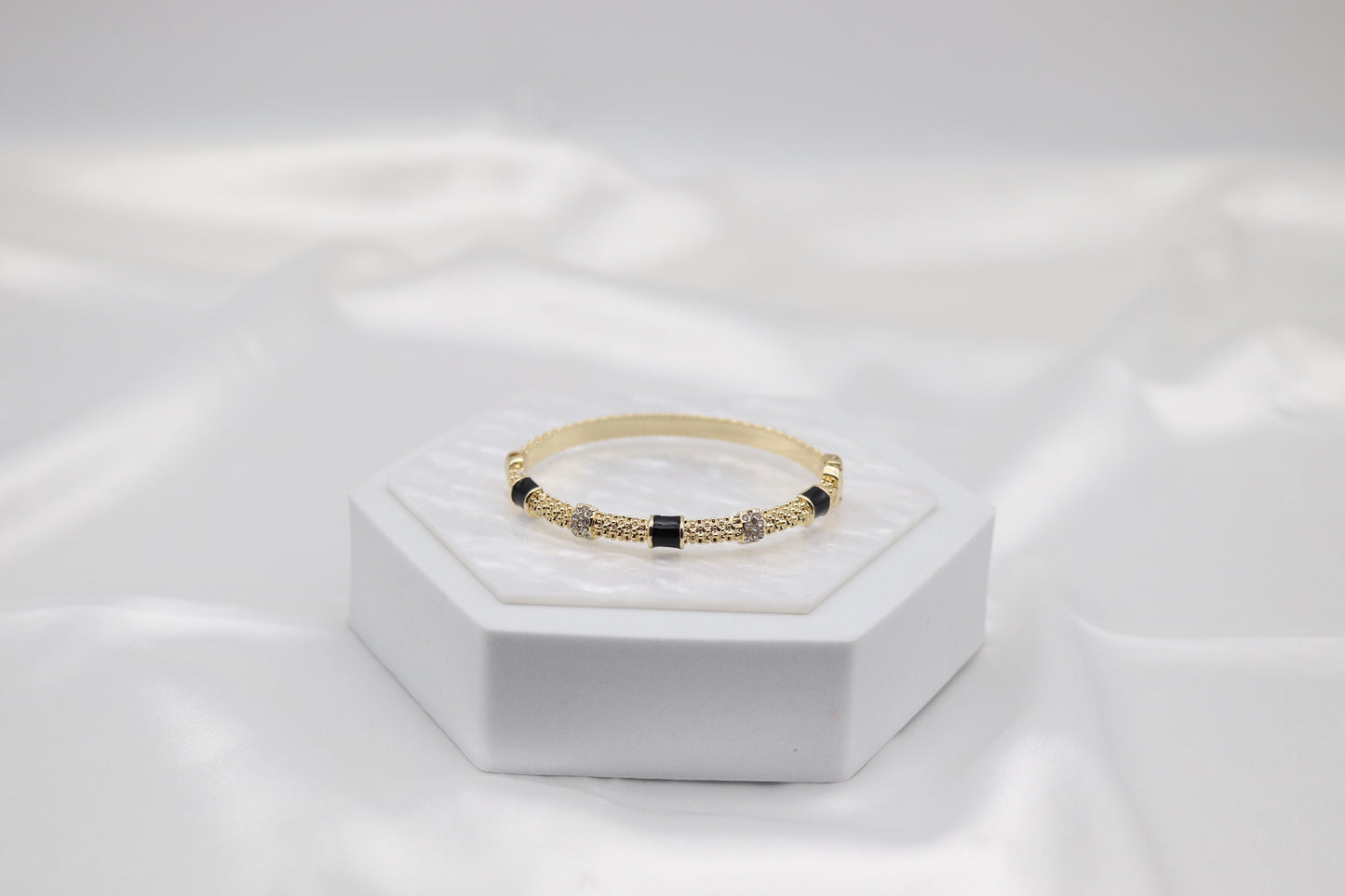 Black Enamel & Crystal Gold Beaded Bangle Bracelet | Elegant Stackable Bracelet for Women