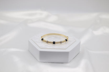 Black Enamel & Crystal Gold Beaded Bangle Bracelet | Elegant Stackable Bracelet for Women