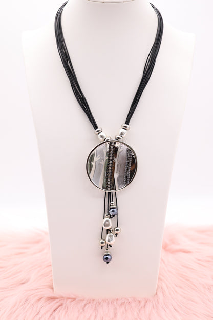 Silver Metallic Circle Pendant With Dangling Stones, Multi Light Black Rope Necklace