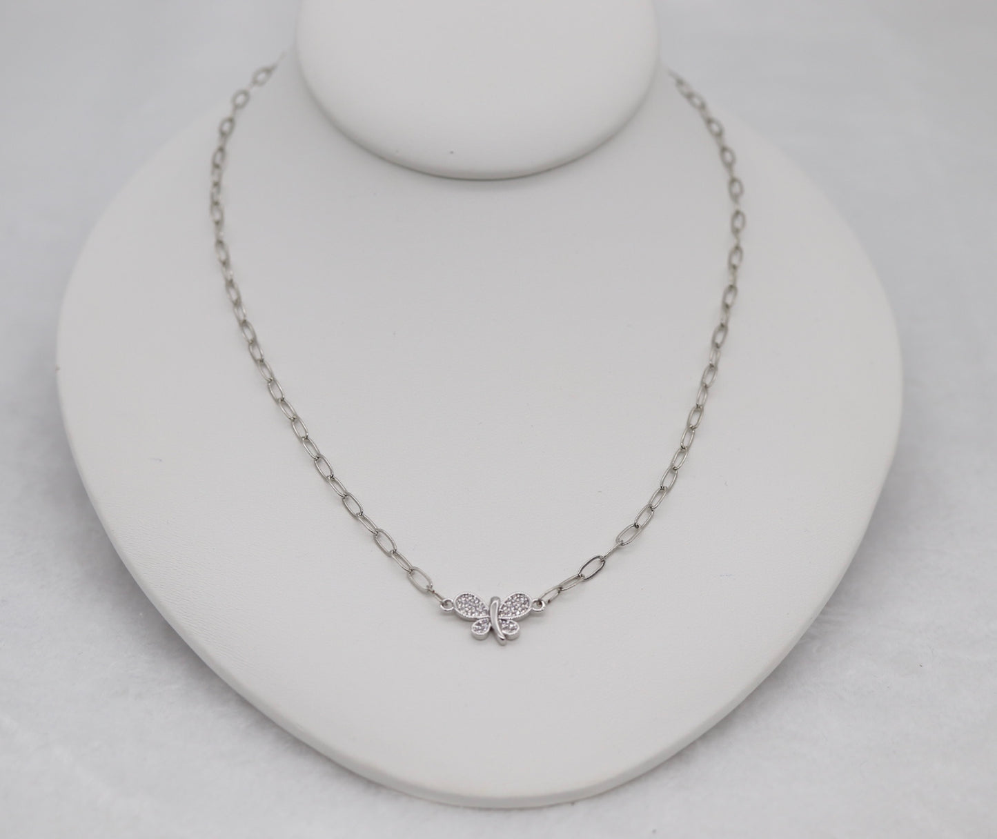 Silver Butterfly Necklace – Sparkling Butterfly Pendant on Paperclip Chain