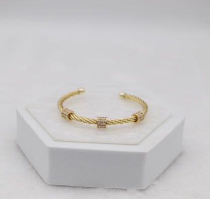 Gold Cable Cuff Bracelet with Pave Crystal Barrel Accents